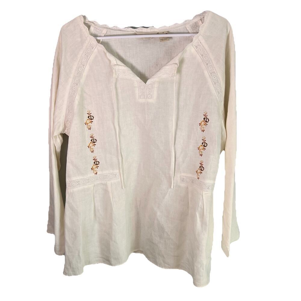 J Jill Womens 100% Linen Embroidered Tunic Sz M Resort Vacation Cream Boho Beach